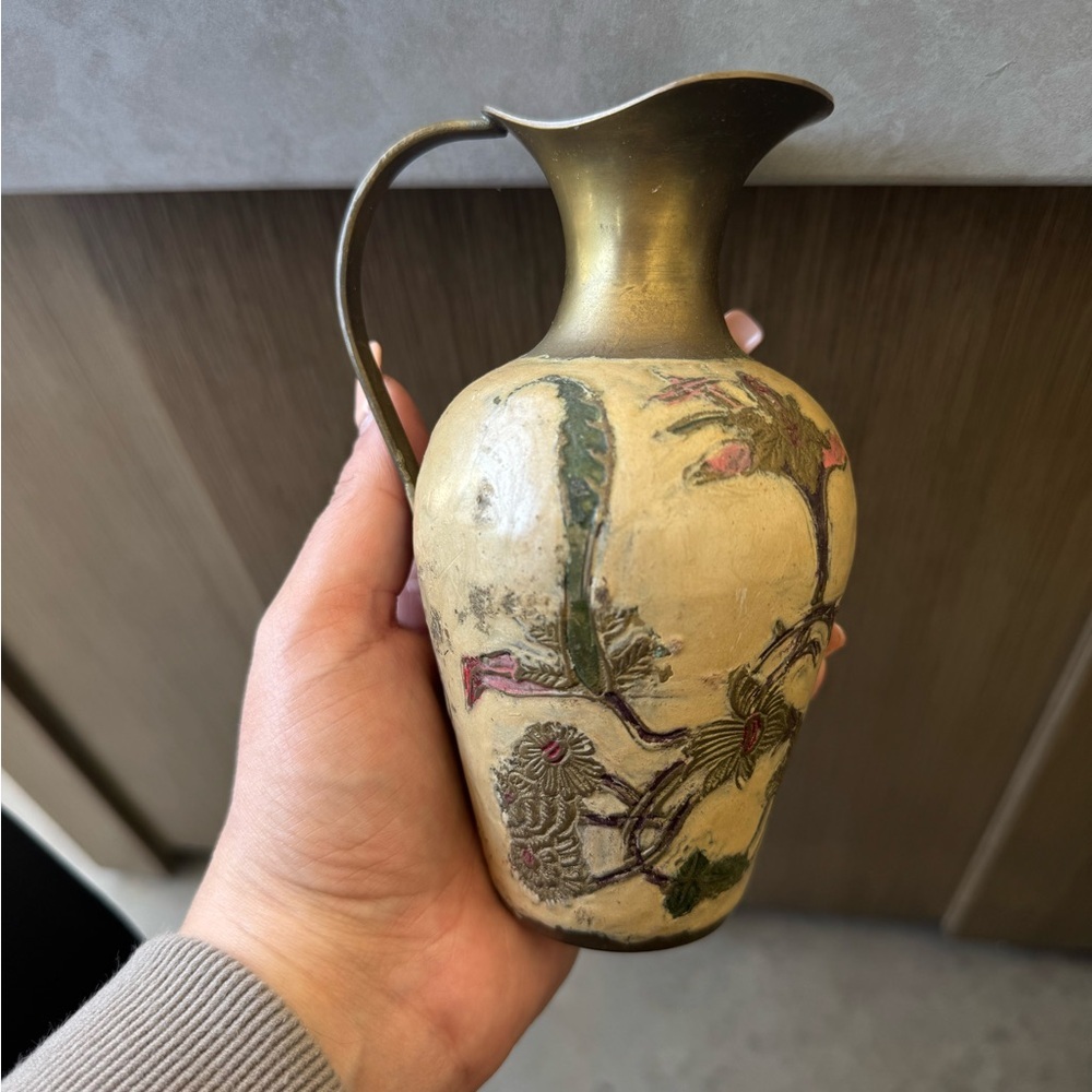 Vintage oriental Floral‎ Brass vase pitcher